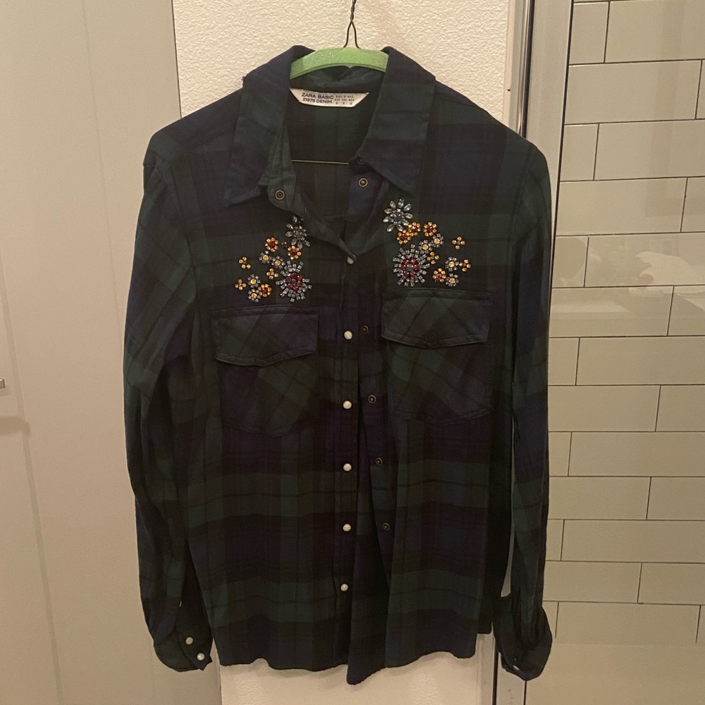 Zara Flannel Pear Buttondown with Rhinestones